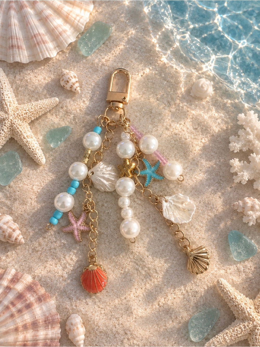 Gold Shell & Pearl Beach Charm Keychain - Coral, Turquoise & Pink